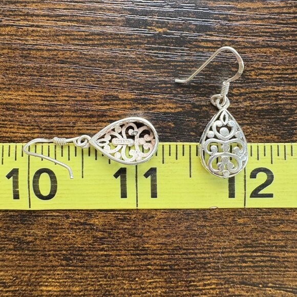 VTG Sterling Silver 925 Scroll Design Teardrop Dangle Earrings Size 1.25" Length - Picture 11 of 11
